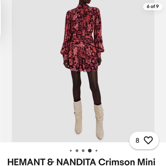 Hemant & Nandita Crimson mini floral v neck front bow dress SMALL - Picture 7 of 15